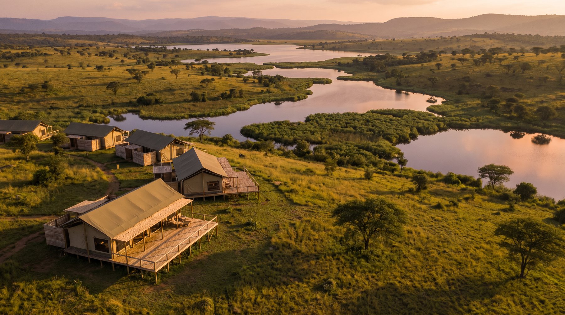 Ishyamba Akagera suites on a hill above lakes at golden hour