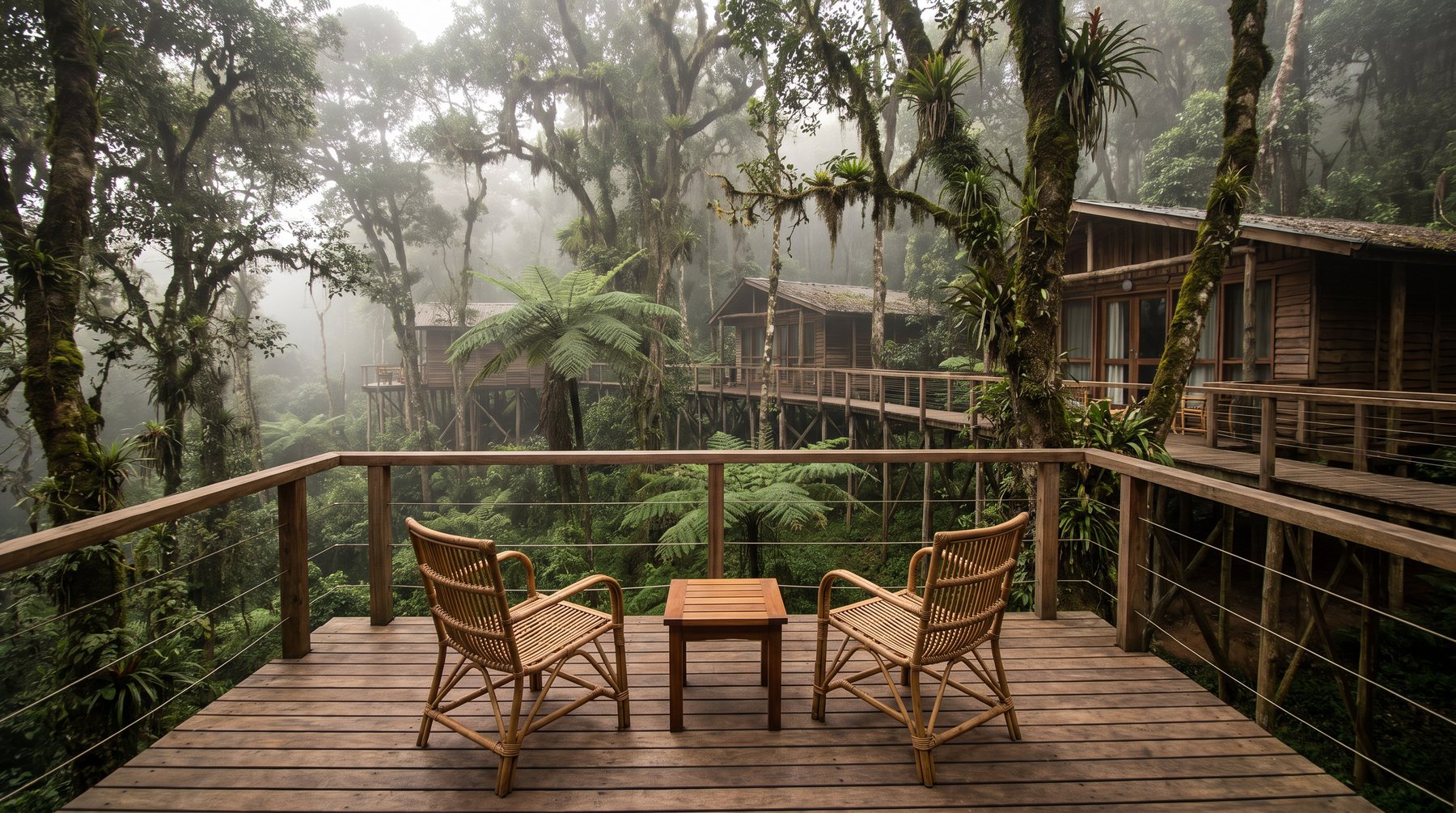 Treetop cabins of Ishyamba Nyungwe raised into misty rainforest
