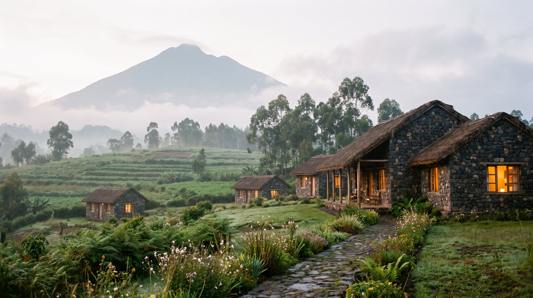 Stone cottages of Ishyamba Volcanoes in misty volcano foothills